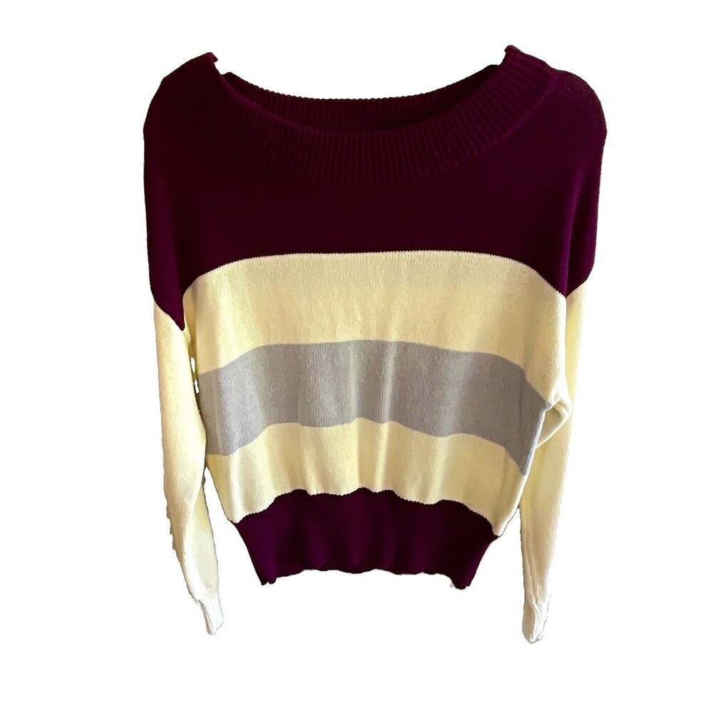 Lucky Brand Women’s Crew Neck Knit Striped Ribbed Pullover Sweater Purple S/P